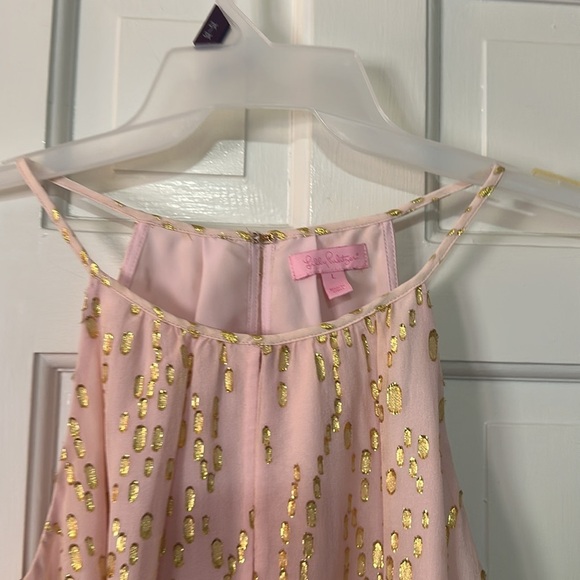 Lilly Pulitzer Pink & Gold Crinkle Clip Dot Silk Jacquard Tank Top large - Picture 2 of 4